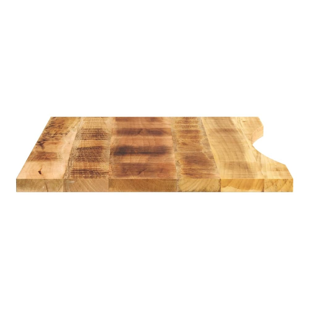 The solid wood table top, showing the natural wood grain and a curved edge on one side