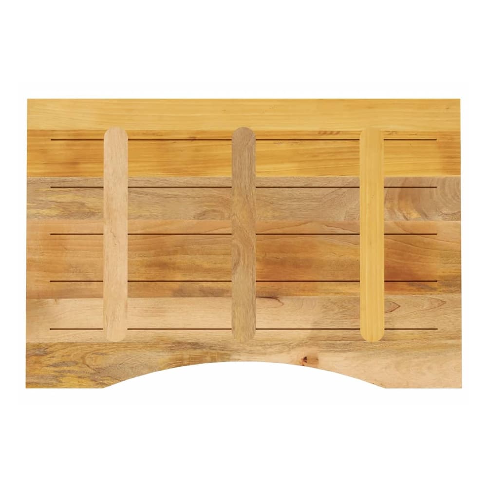 The curved table top, showing the wood planks and the curved cut out at the front