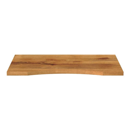 The solid wood table top with a curved front edge, viewed from the side