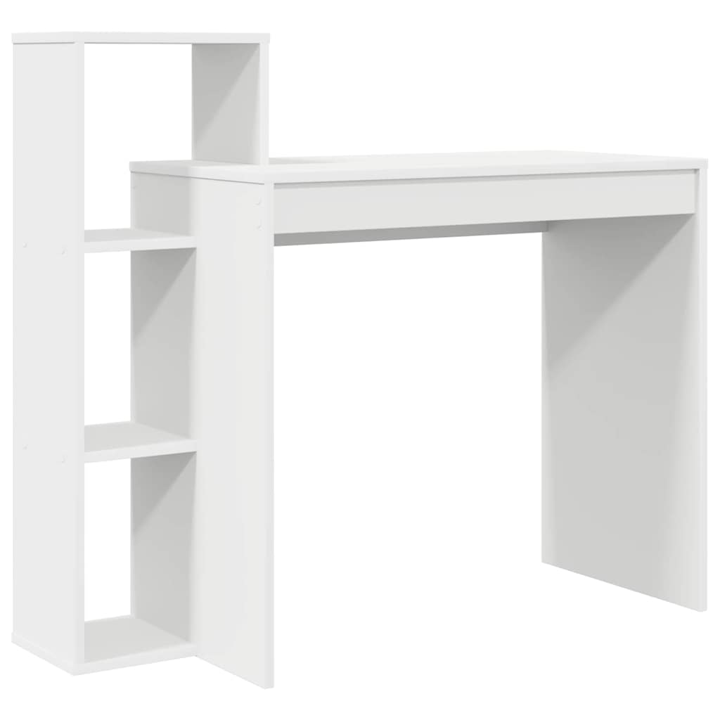 White engineered wood desk with a three-tier shelving unit on the left