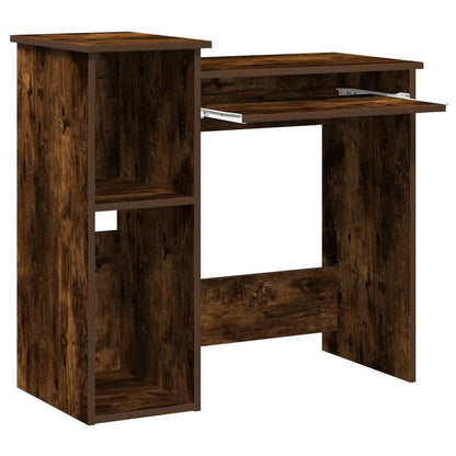 The back of the smoked oak engineered wood desk with shelves
