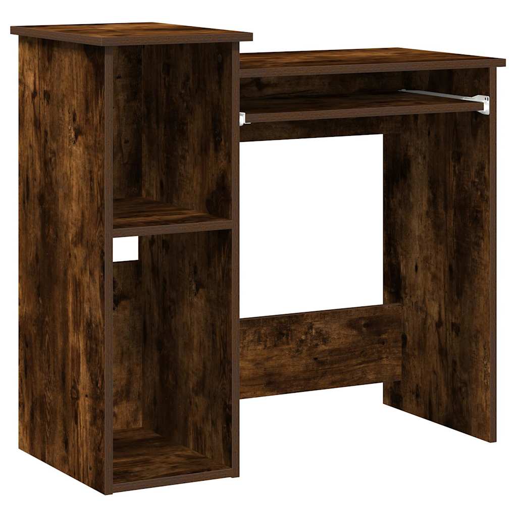 The smoked oak engineered wood desk with shelves and a pull-out keyboard tray