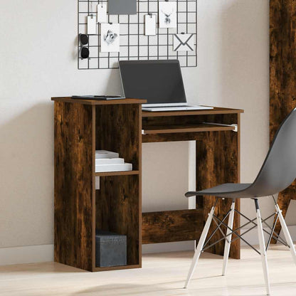 A compact desk with shelves in a home office setting with a chair and a notice board