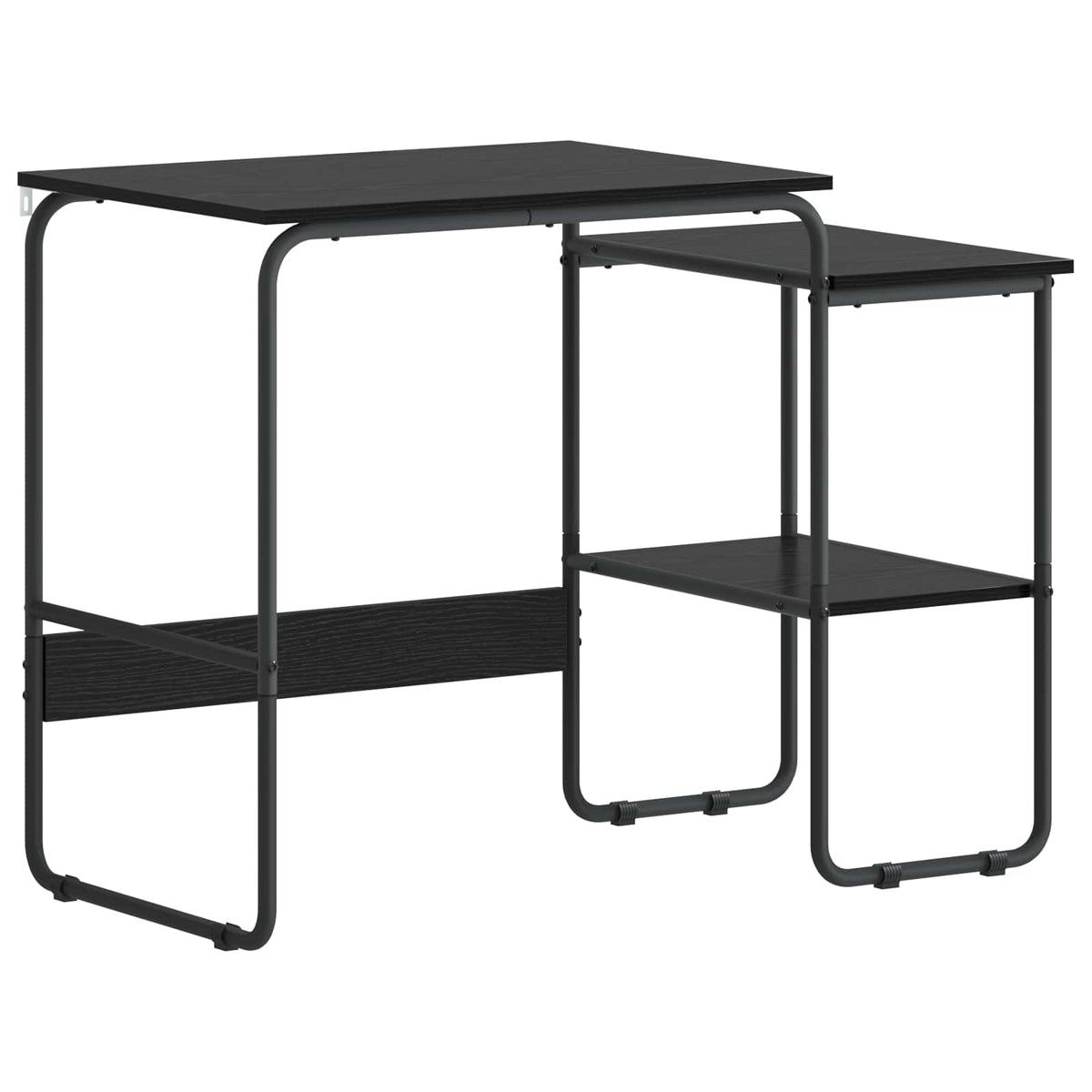 The black oak desk with storage, showing its L-shaped design and two shelves