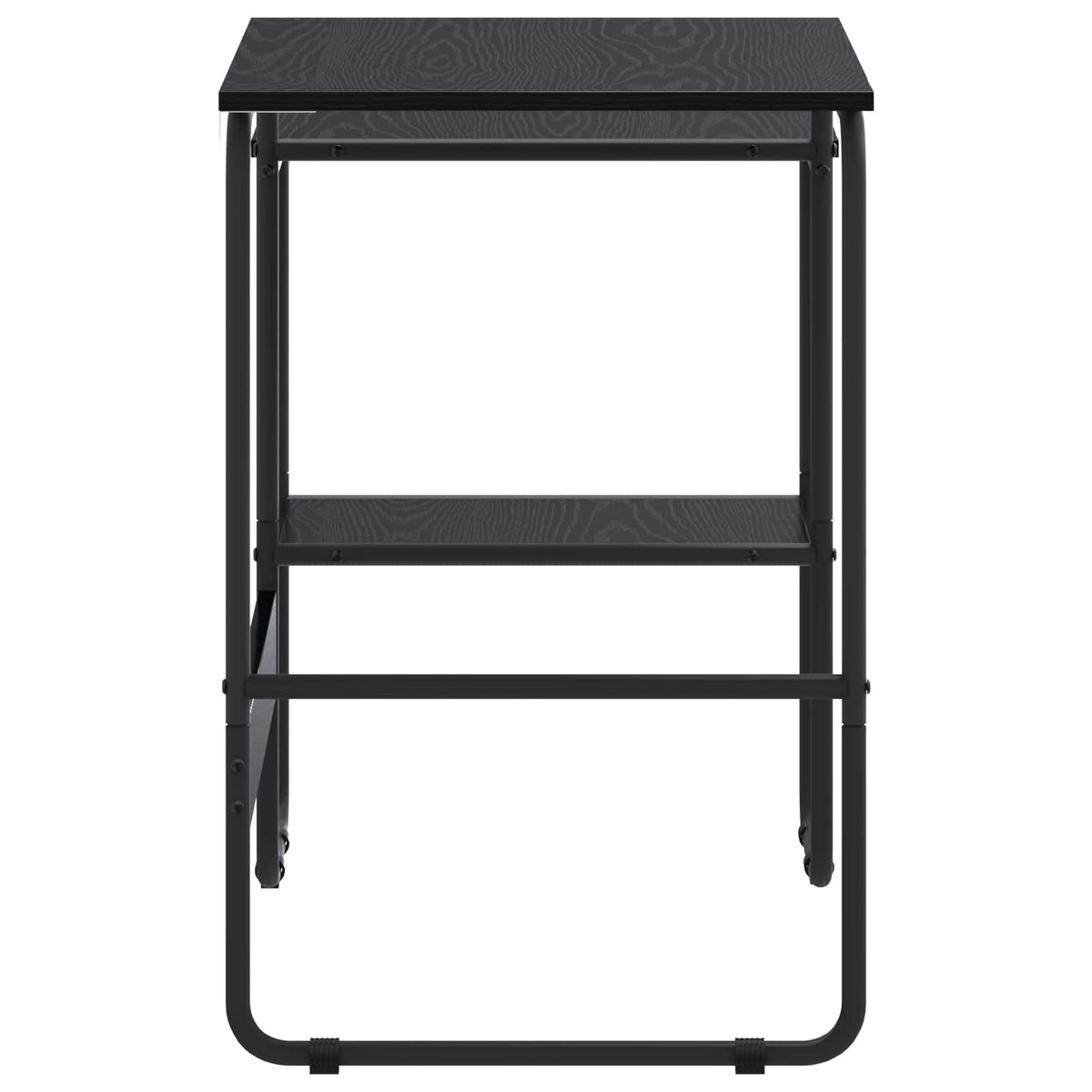 This black oak desk with storage is shown from the side, highlighting its shelving unit