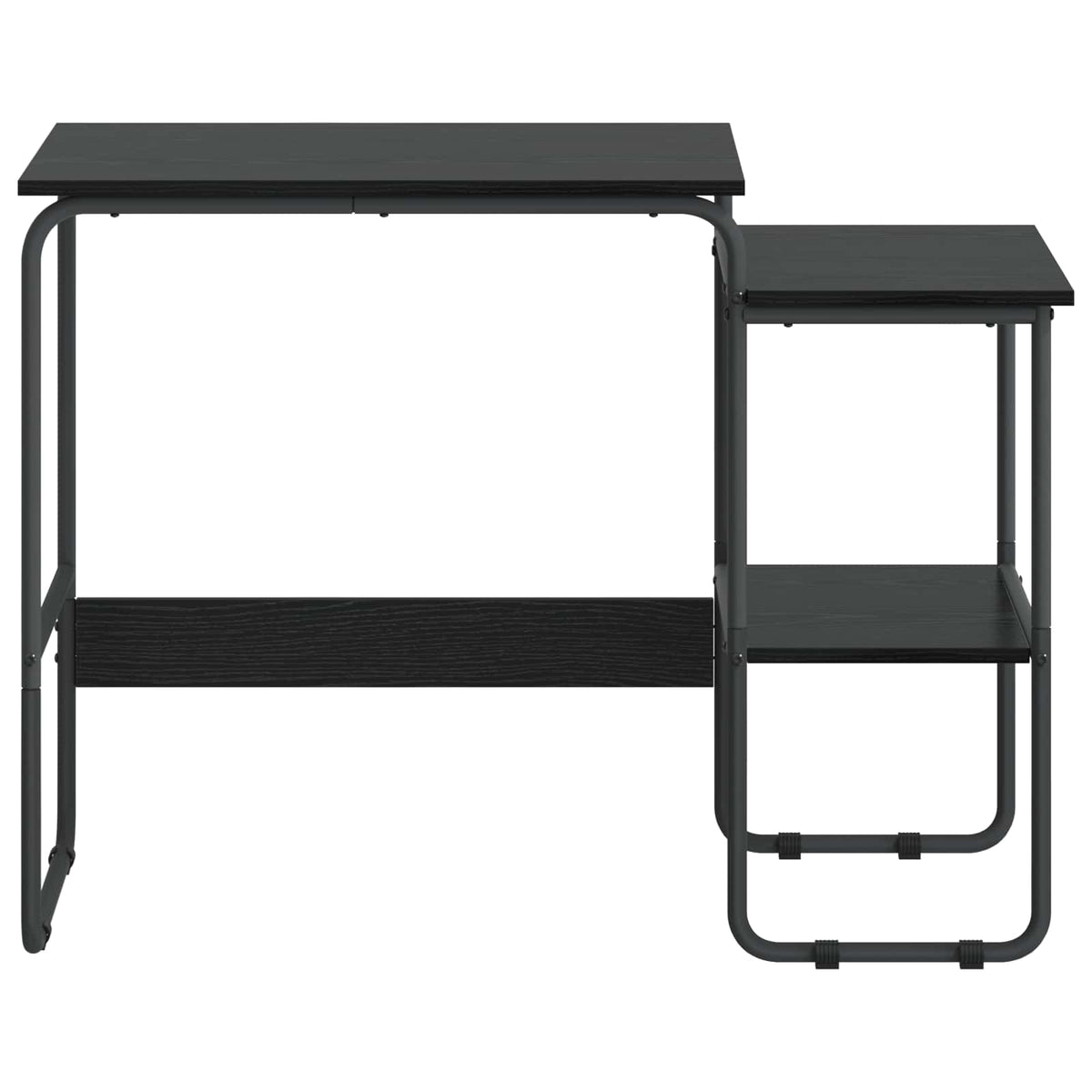 The black oak desk with storage, presented from a straight front perspective