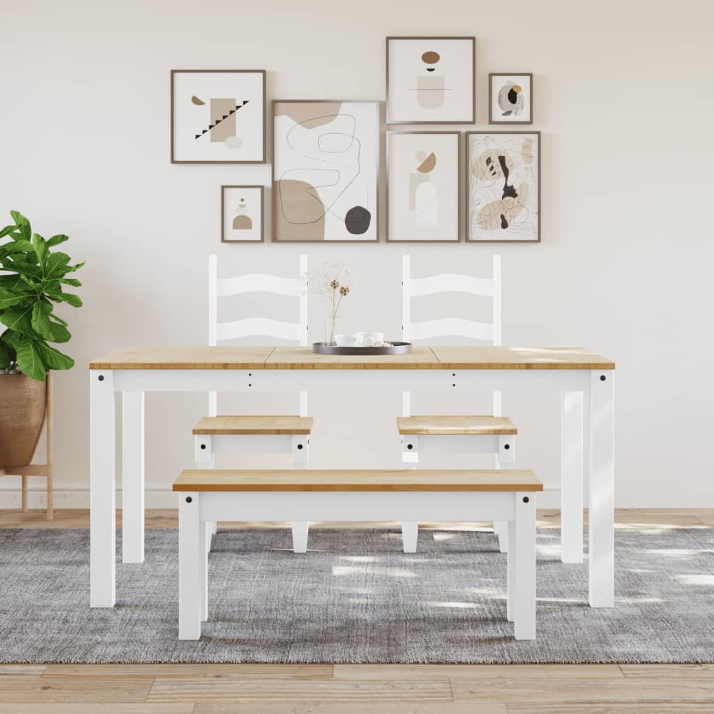 The white dining bench in a dining room setting with chairs and a table