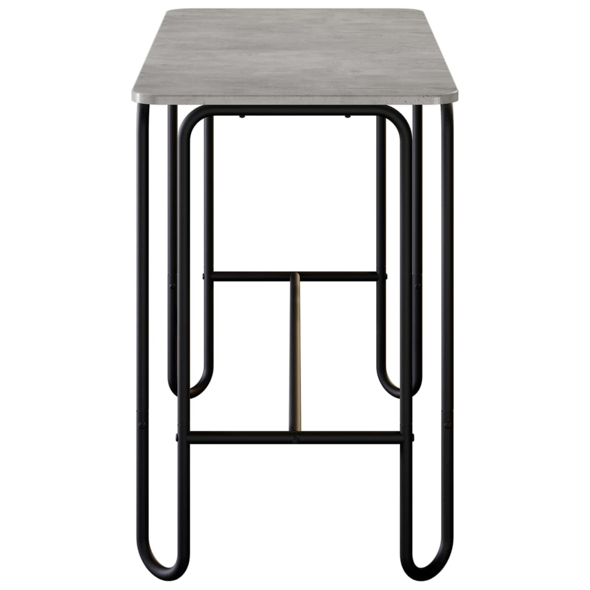 the concrete grey dining table with black metal legs shown from the back