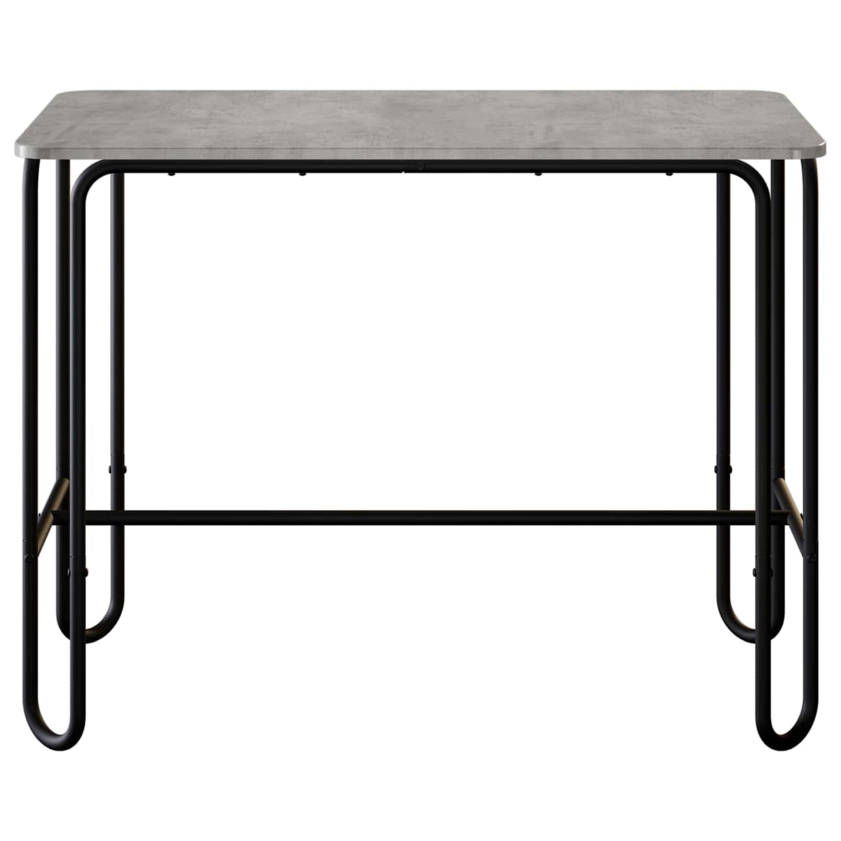 the concrete grey dining table with black metal legs shown from the front