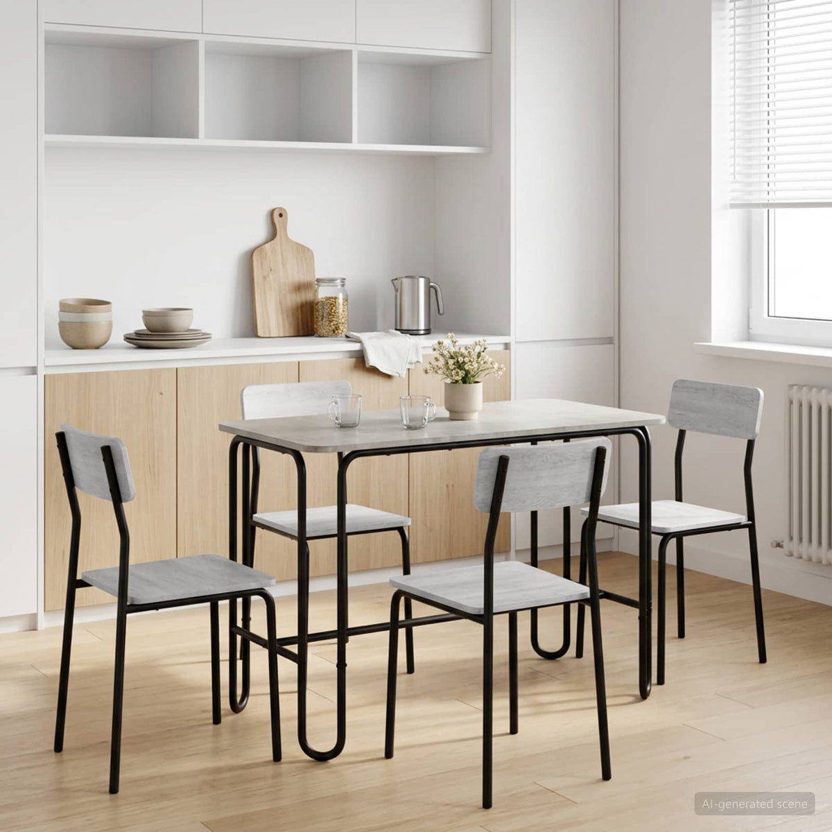 vidaXL Dining Table Engineered Wood Concrete Grey set up with four chairs in a kitchen