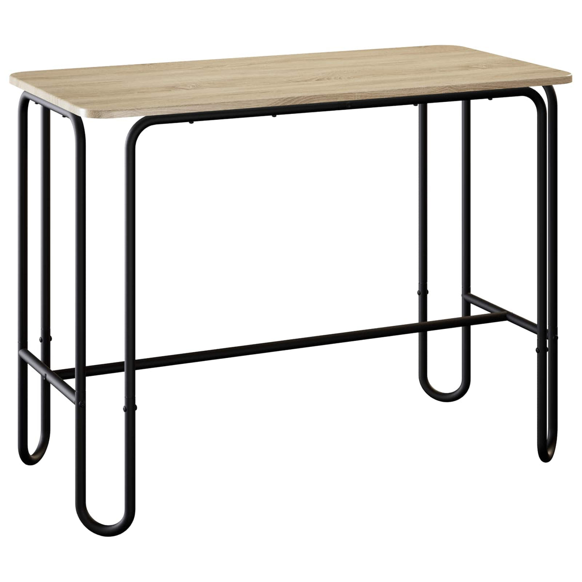 The dining table with a light wood effect top and black metal legs