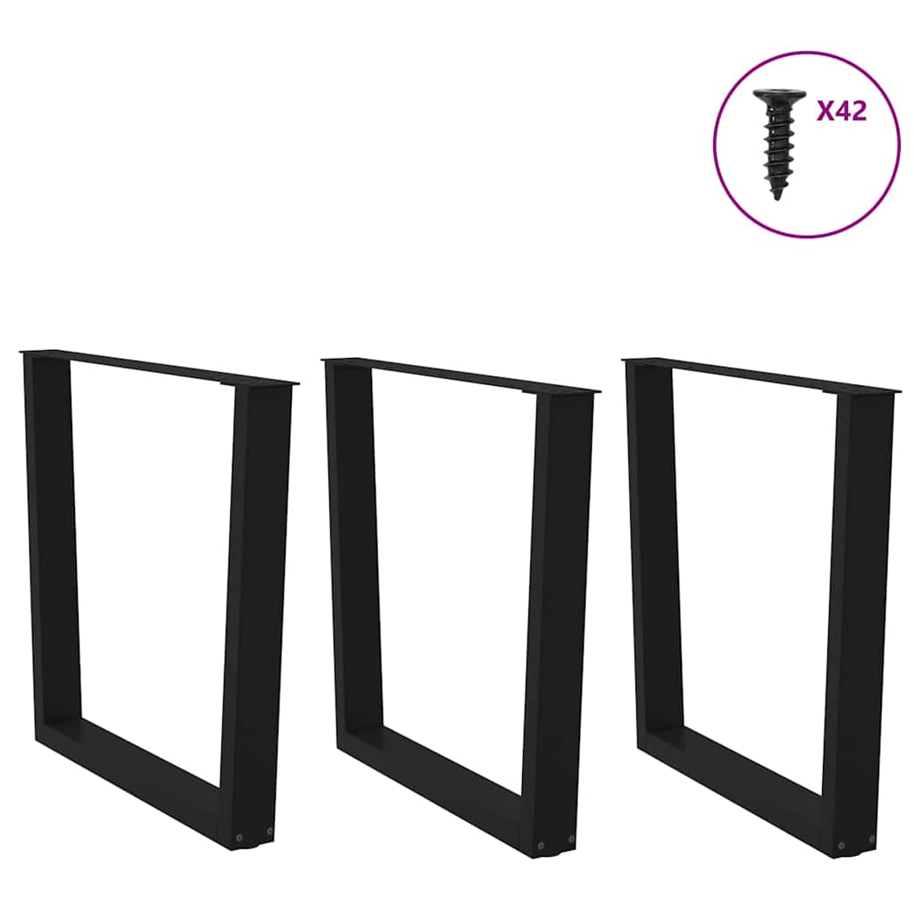 Three black V-shape table legs with a single screw shown in a circle