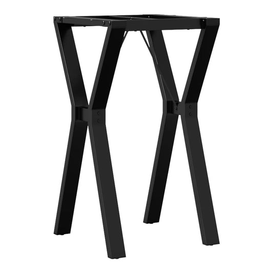 Black steel Y-frame dining table legs shown from the front