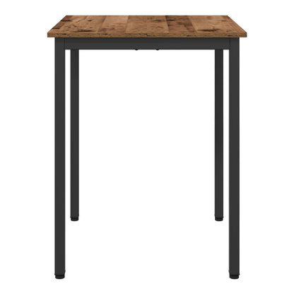 Square dining table with a textured wood effect surface and metal frame