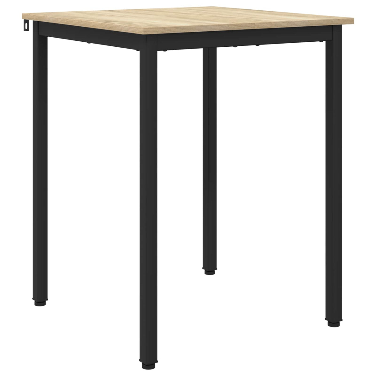 The square dining table with a light wood effect top and black metal legs