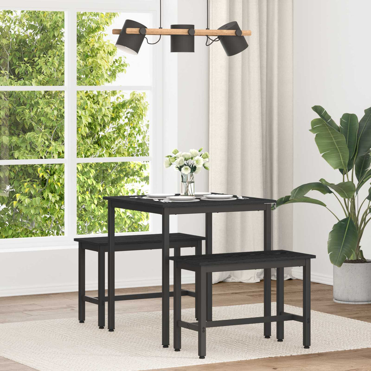vidaXL Dining Tables Engineered Wood Black Oak Square set up with two benches in a dining room