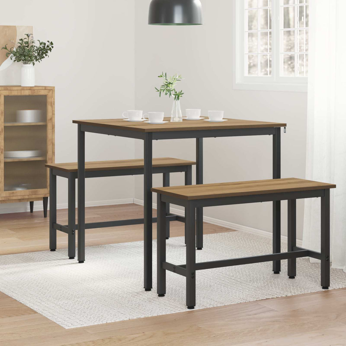Dining table and benches in a room setting