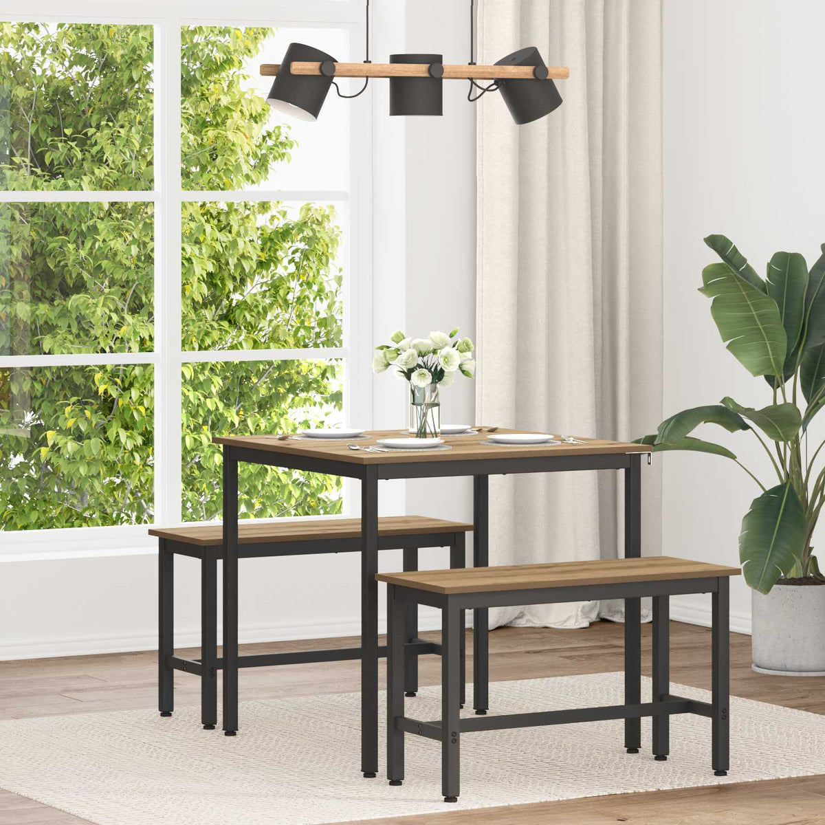 vidaXL Dining Tables Engineered Wood Artisan Oak set up in a bright room with two benches