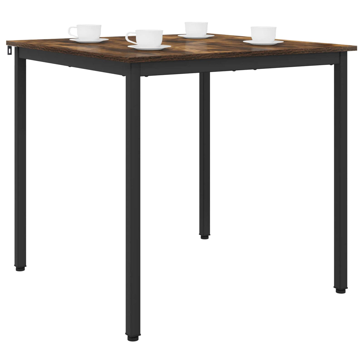 the dining table set with four white cups and saucers on the square wooden surface