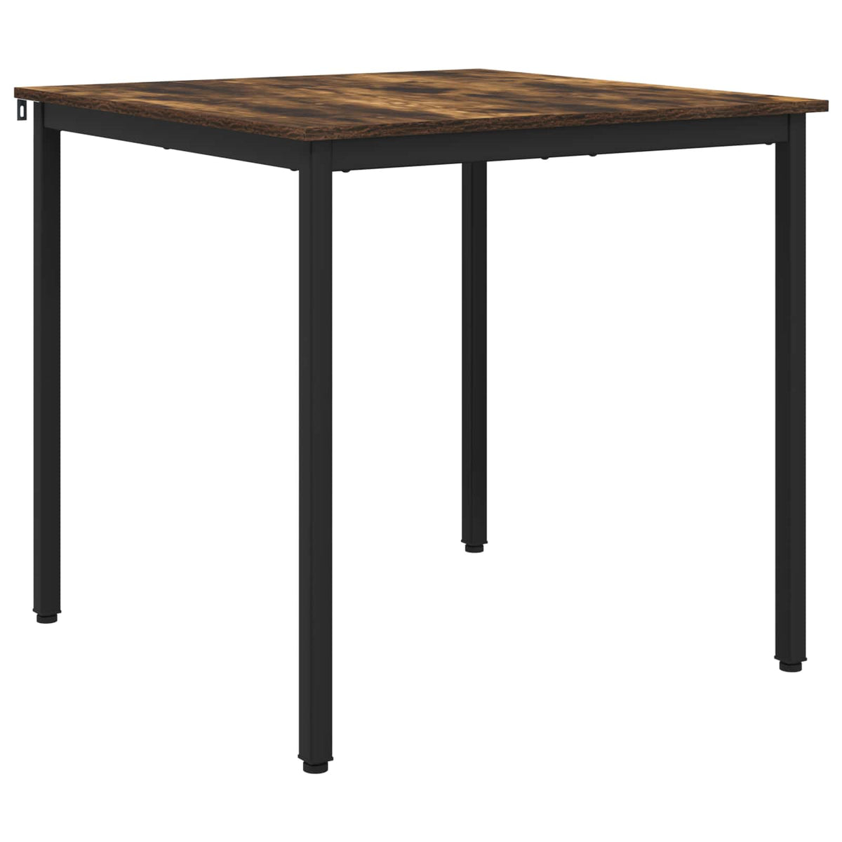 the dining table with a dark wood grain surface and a sturdy black metal frame