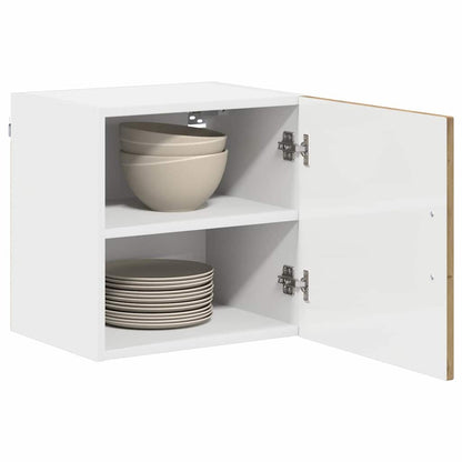 The kitchen cabinet shows two shelves inside with a white exterior and an open artisan oak effect door