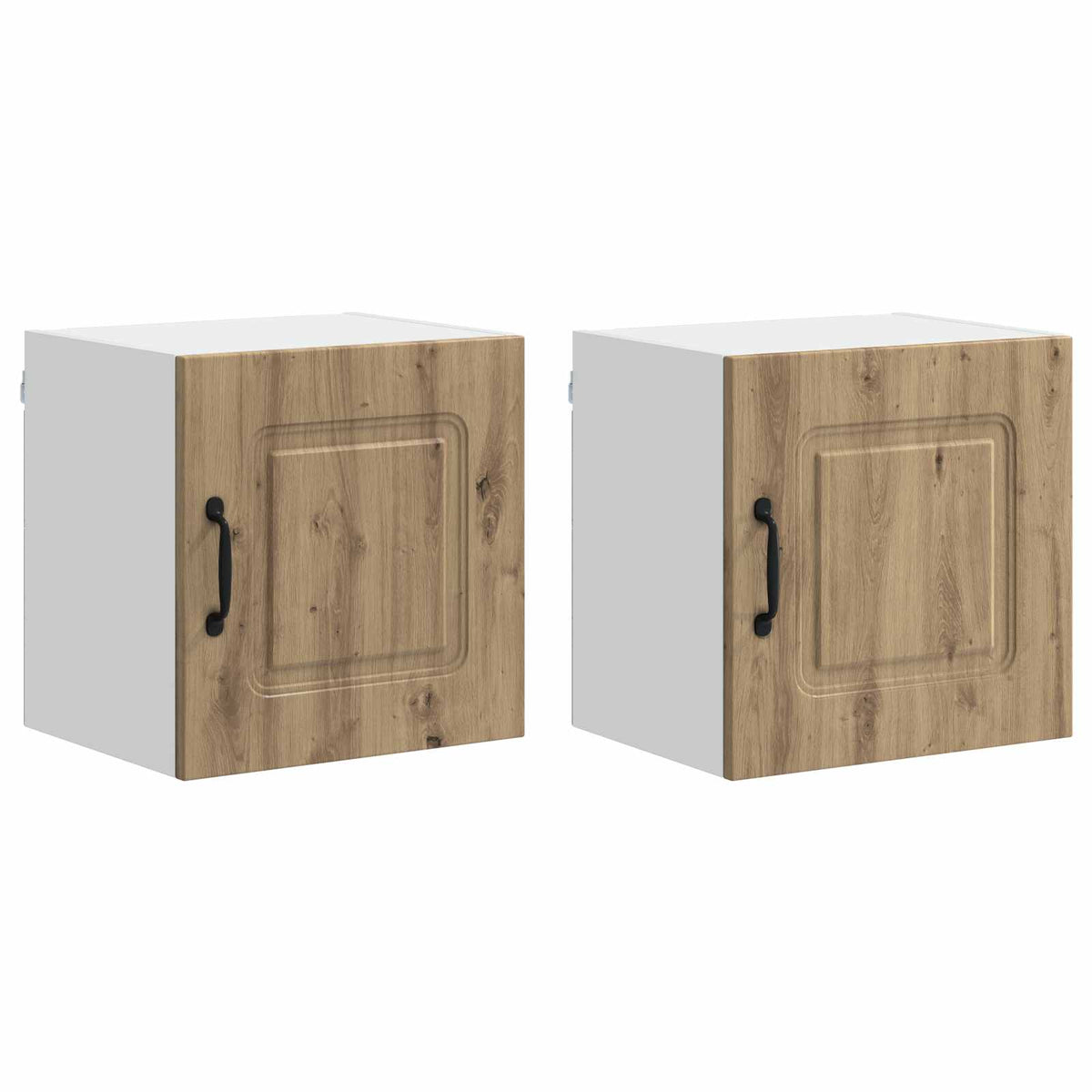 Two artisan oak effect cabinet doors with black handles, part of the kitchen cabinets