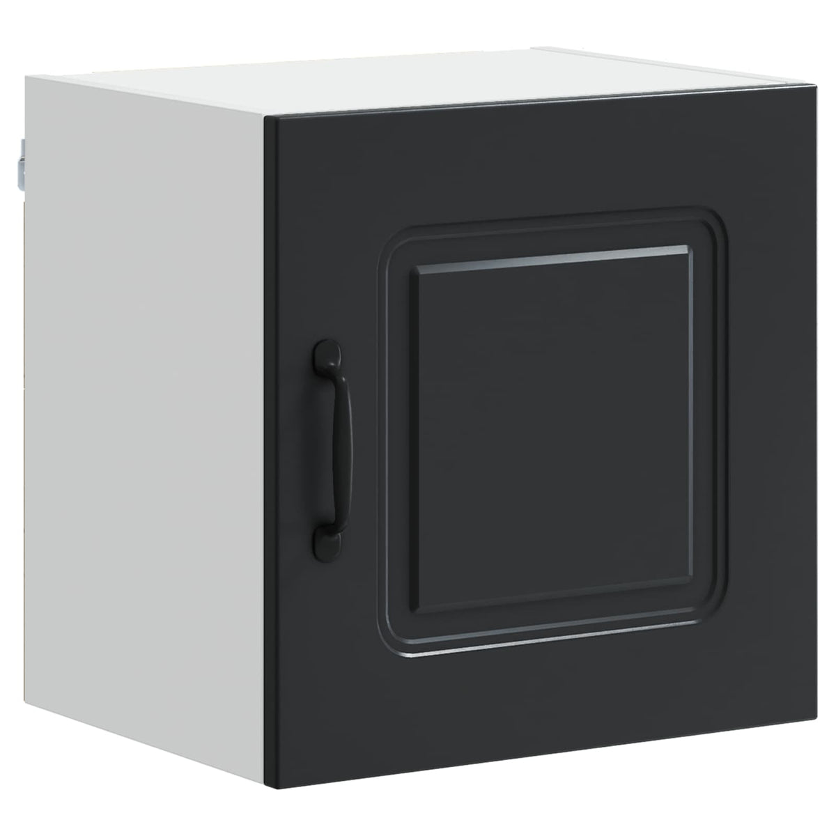 The kitchen cabinet featuring a black door with a decorative panel and a black handle
