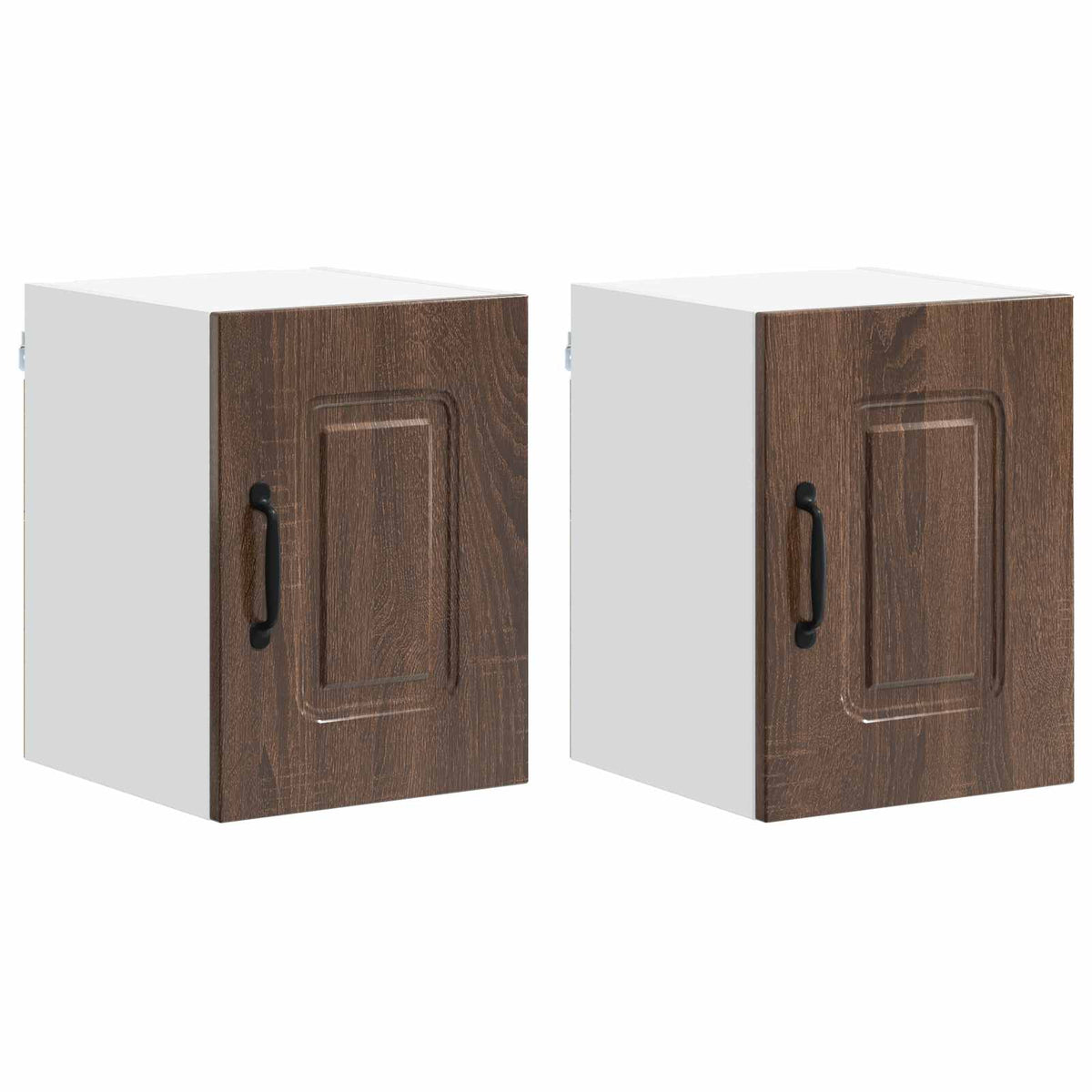 The kitchen cabinets shown as a pair of matching units with dark wood grain doors