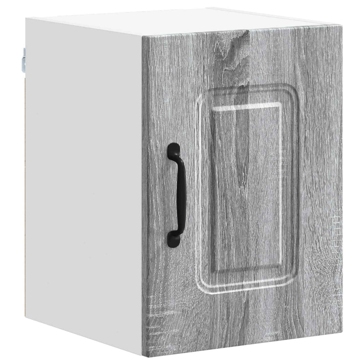 Close up of a grey Sonoma engineered wood kitchen cabinet door with a black handle