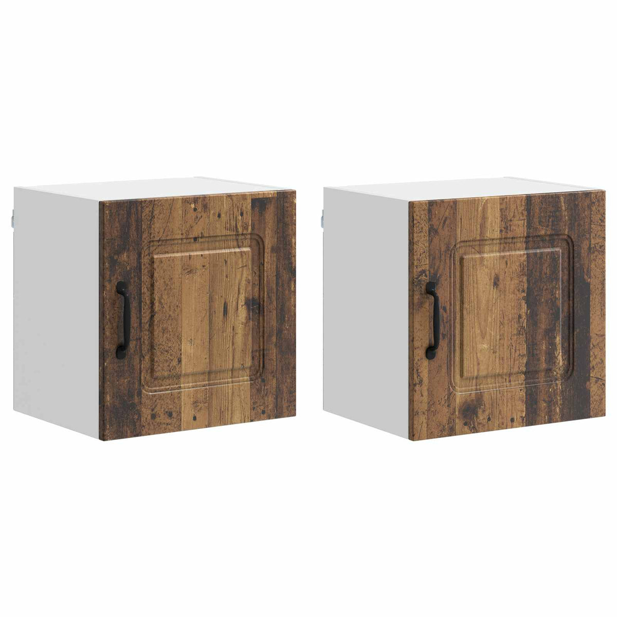 Two kitchen cabinets with rustic wood effect doors and white sides