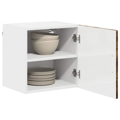 Smoked oak effect kitchen cabinet with two shelves and bowls inside