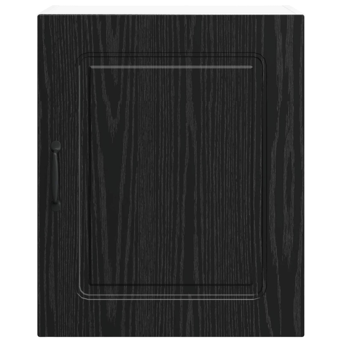The front of the black oak effect dishwasher panel with a handle
