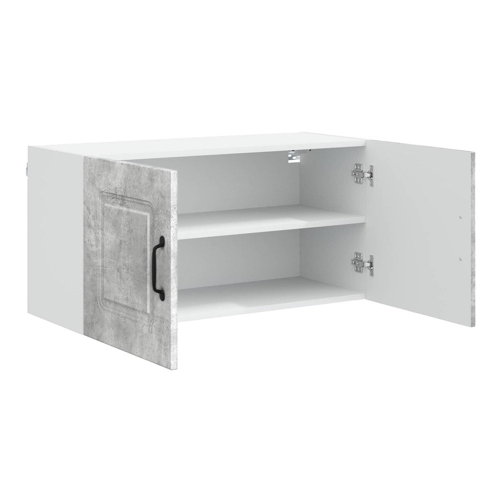 concrete grey kitchen cabinet with open doors and shelves