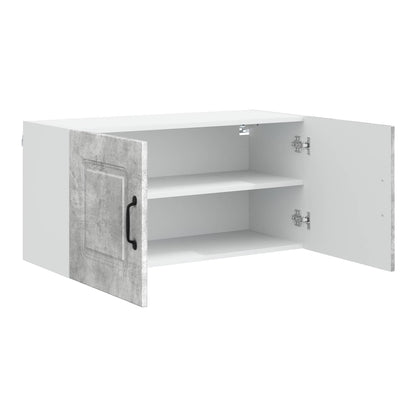 concrete grey kitchen cabinet with open doors and shelves
