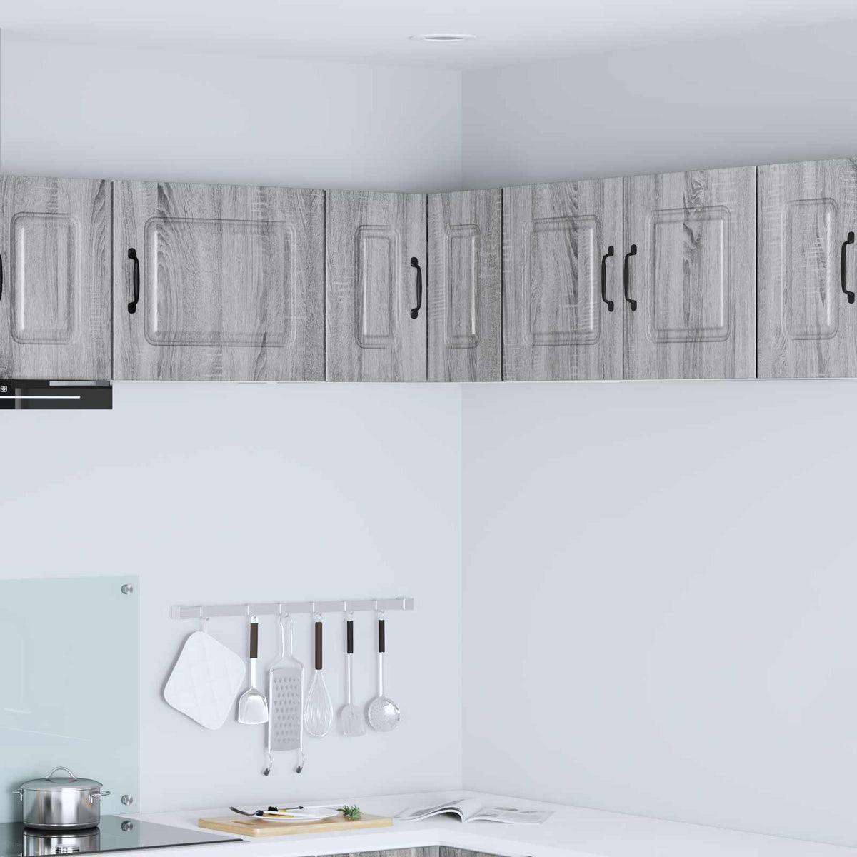vidaXL Dishwasher Panel Kalmar Grey Sonoma installed as part of a modern kitchen wall cabinet set