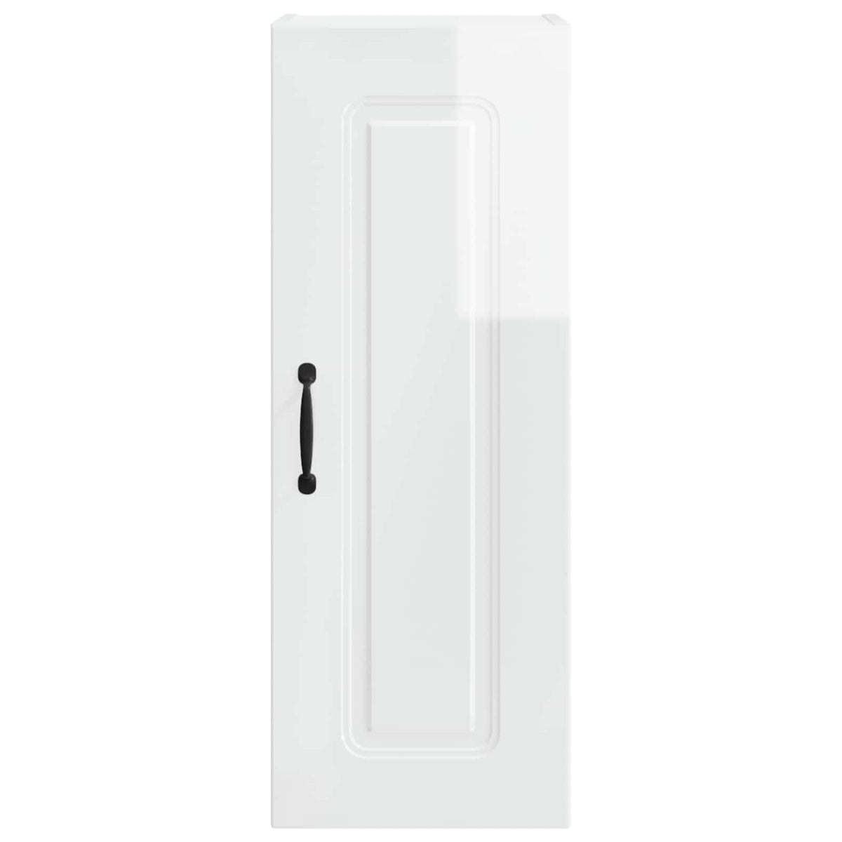 The white dishwasher panel cabinet with a single closed door and black handle