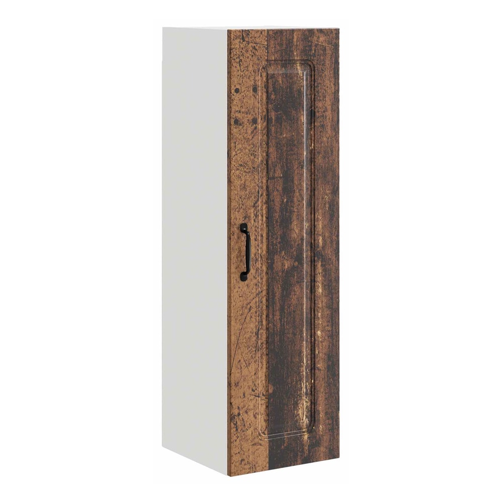 The side of the dishwasher panel cabinet showing its white side and old wood effect door
