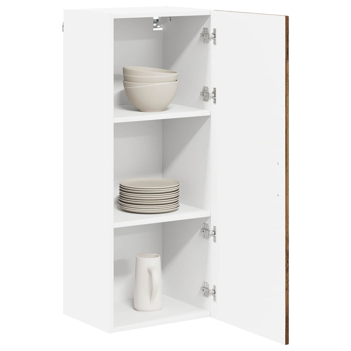 Dishwasher Panel Kalmar Old Wood, the kitchen cabinet with the door open revealing white shelves holding bowls and plates
