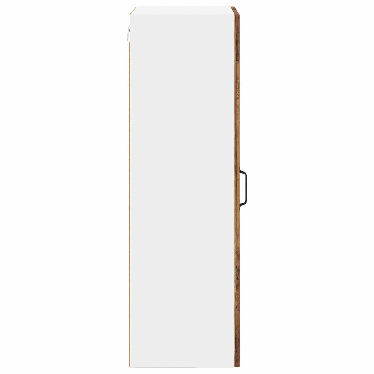 The kitchen cabinet viewed from the side showing the plain white panel and the door edge
