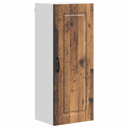 The kitchen cabinet with a rustic wood effect door and a black handle against a white background