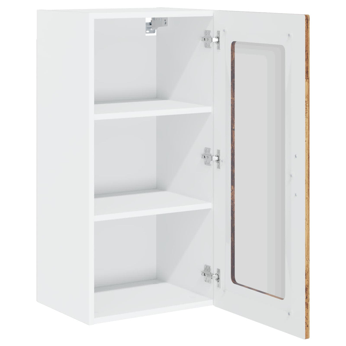 An open kitchen cabinet with white shelves and a wood effect door