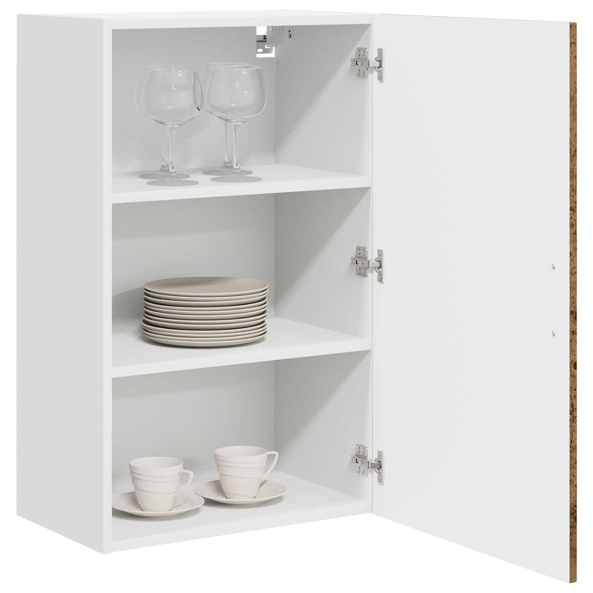 the dishwasher panel cabinet with door open displaying internal shelves holding glassware and plates