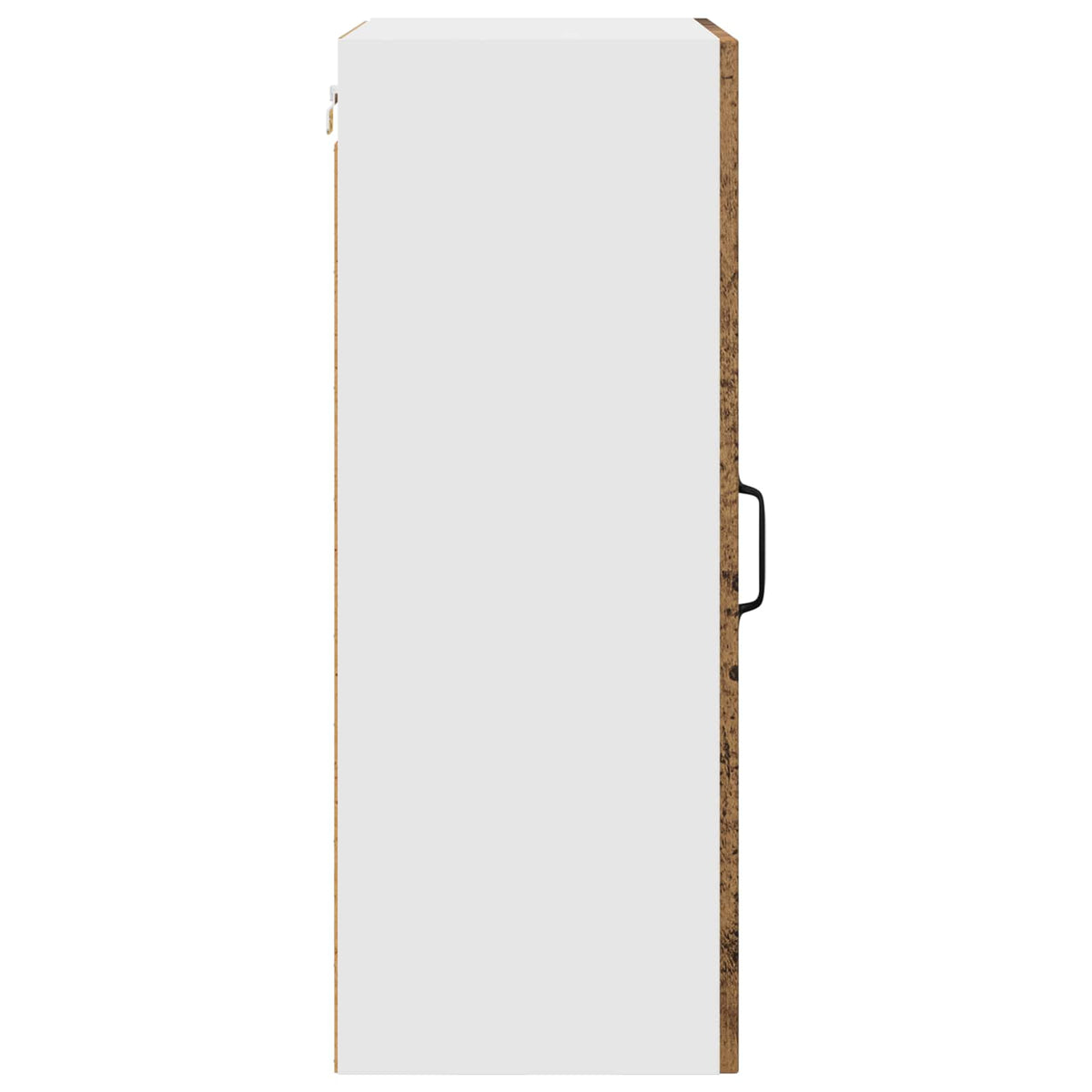 The kitchen cabinet viewed from the side showing the plain white side panel and door edge