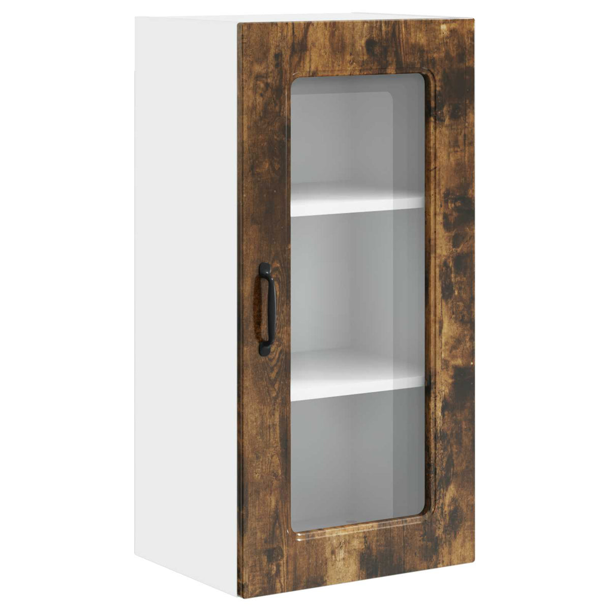 Smoked oak effect kitchen cabinet with a glass door and white sides