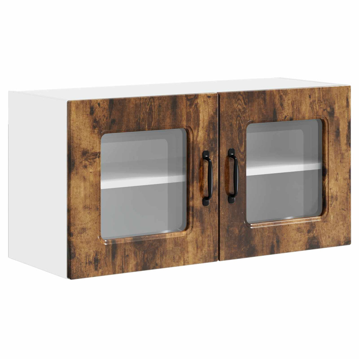 The dishwasher panel with glass inserts and dark handles on a plain white background