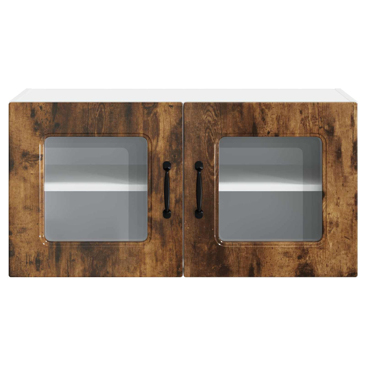 The dishwasher panel viewed directly from the front showing the wood grain finish