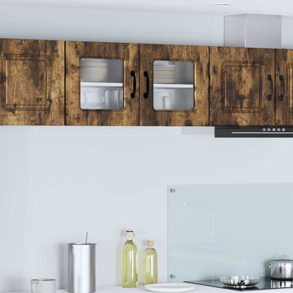vidaXL Dishwasher Panel Kalmar Smoked Oak mounted above a kitchen counter with cooking utensils