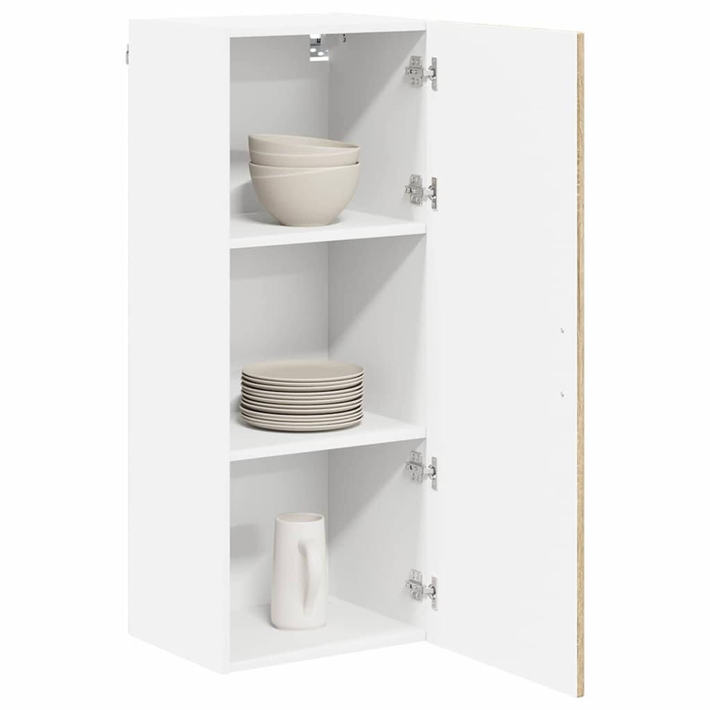 Dishwasher Panel Kalmar Sonoma Oak, the kitchen cabinet with the door open showing white shelves holding bowls and plates
