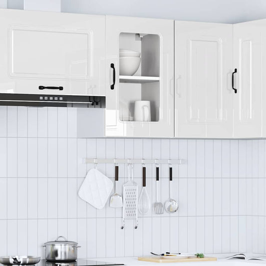 Dishwasher Panel with 2 Glass Doors KALMAR High gloss white 1x wall corner cabinet 57 cm wide 100 cm high–2x wall glass cabinet (1 door) 40 cm wide 40 cm high 1x wall glass cabinet (1 door) 40 cm wide 60 cm high