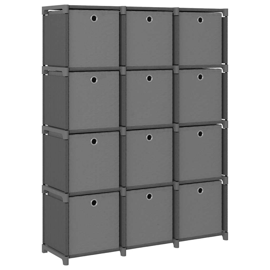 12-Cube Display Shelf with Boxes Grey Fabric shown from a high angle